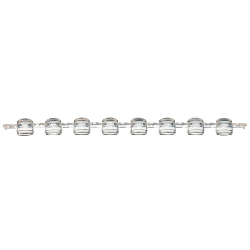 Clear plastic 0.2mL 8-strip dome caps shown horizontally on a white background.