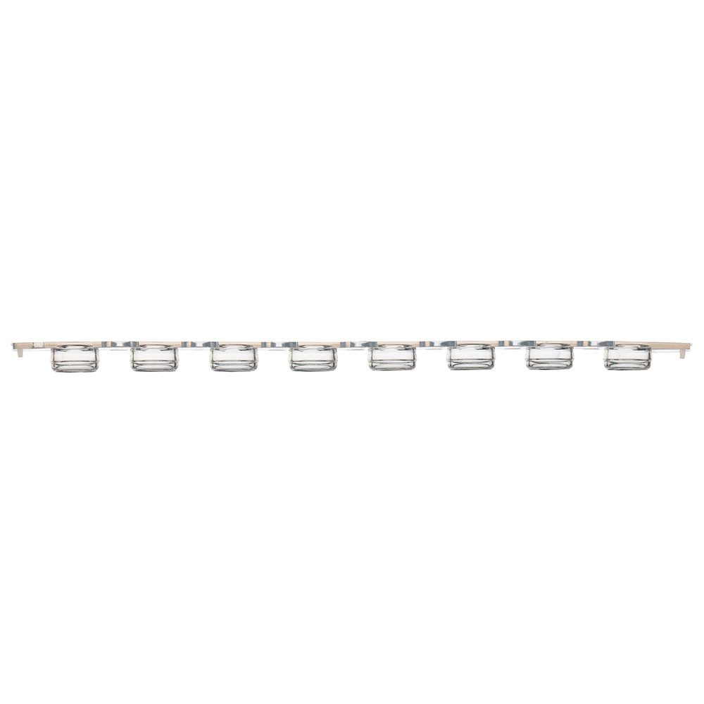 A row of eight clear plastic flat PCR strip caps linked together, viewed from the side against a white background.
