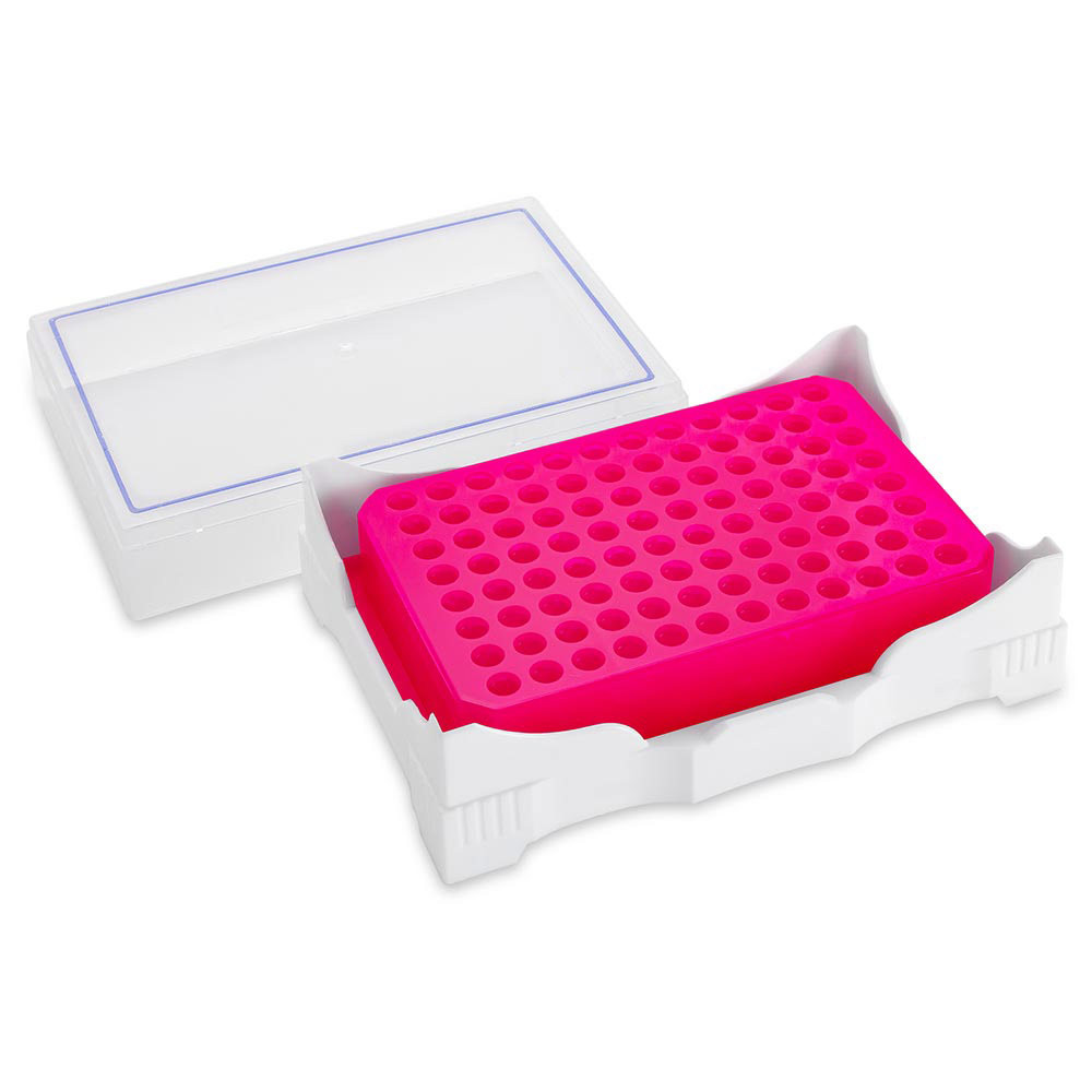 Pink 96-well PCR cold work rack seated in a white base beside its clear plastic lid.