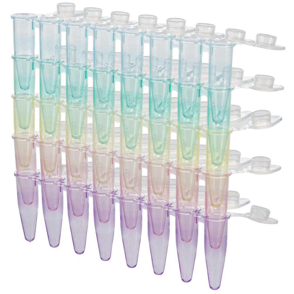 Eight multi-colored PCR strip tubes in blue, green, yellow, red, and violet with attached caps, stacked.