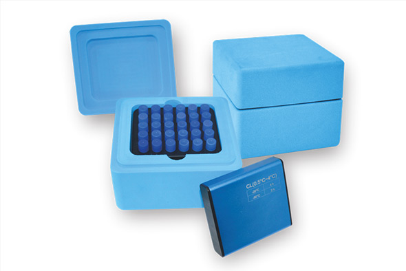Blue NEST Ice-Free Cool Box with foam insulation, a 30-tube holder block, and a cooling core.