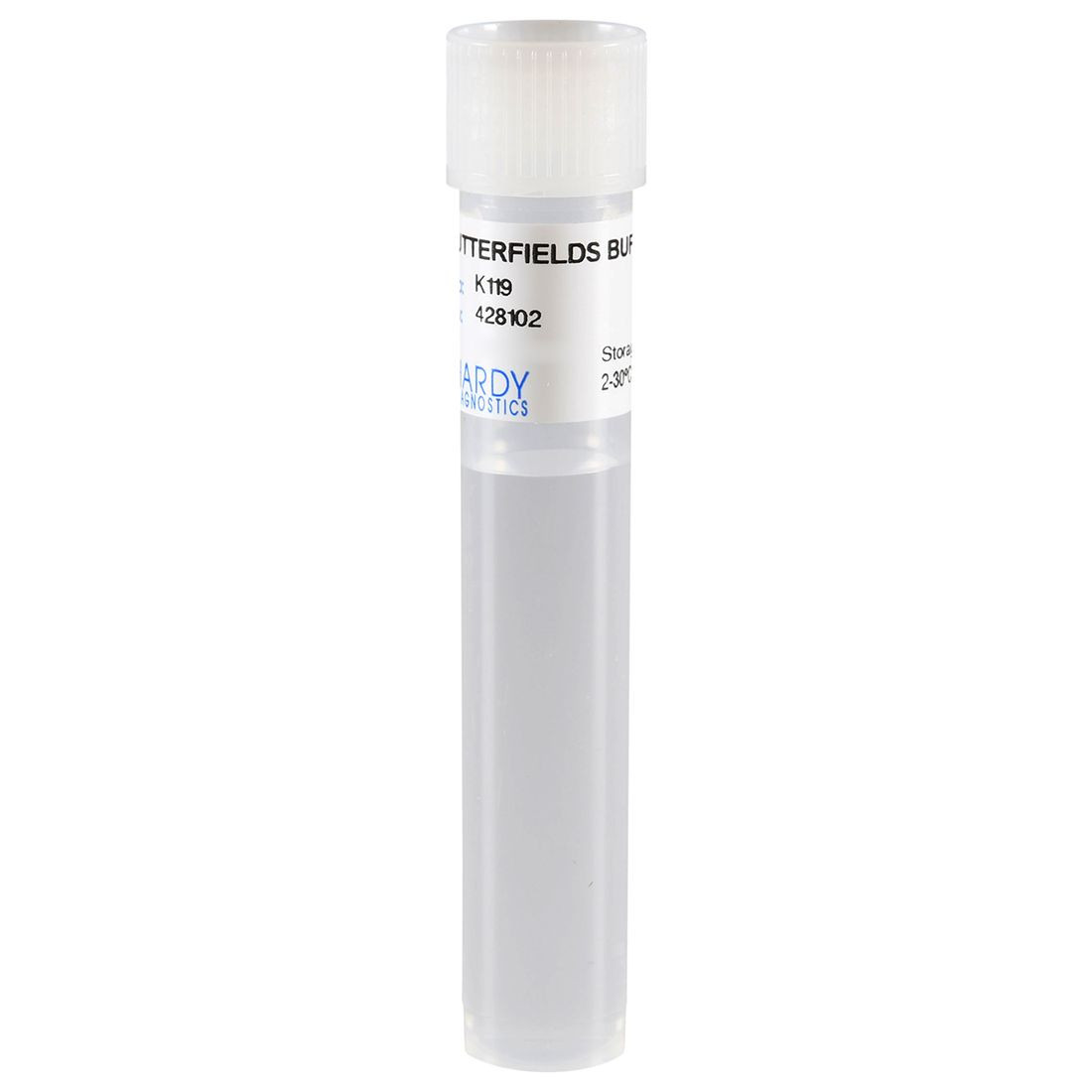 A clear polypropylene tube with a white cap, containing a clear liquid, labeled "Butterfield's Buffer.