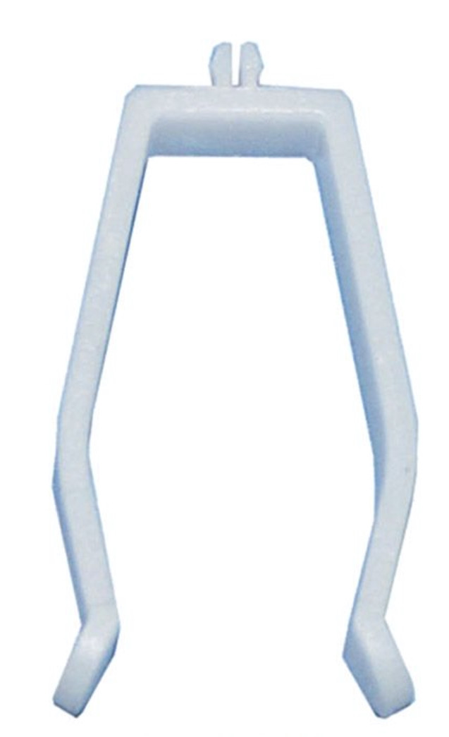 White plastic tube holder clip with a snap-in top peg and two angled sides, front view.