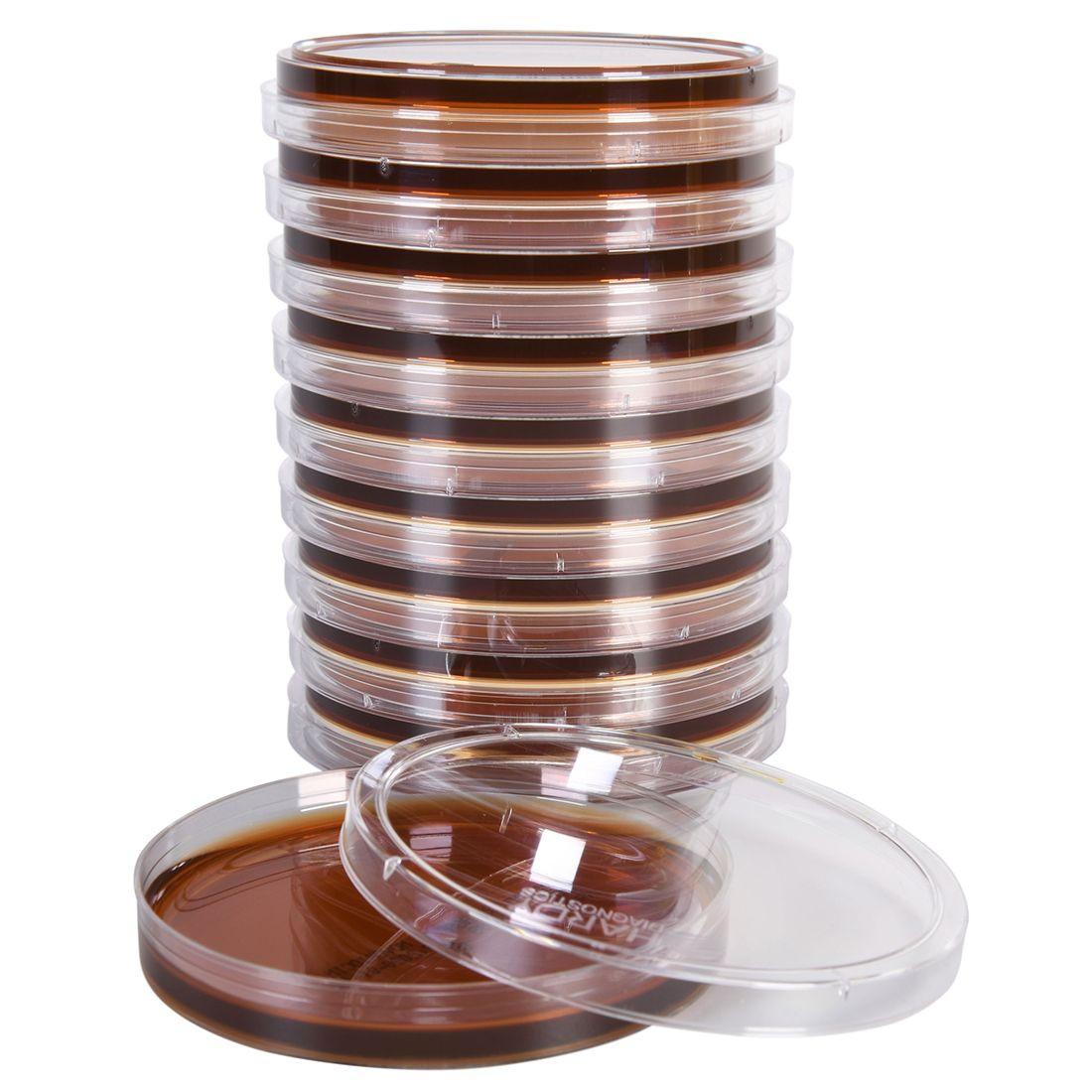 A stack of clear plastic Petri dishes containing dark brown agar, with one dish open in front.