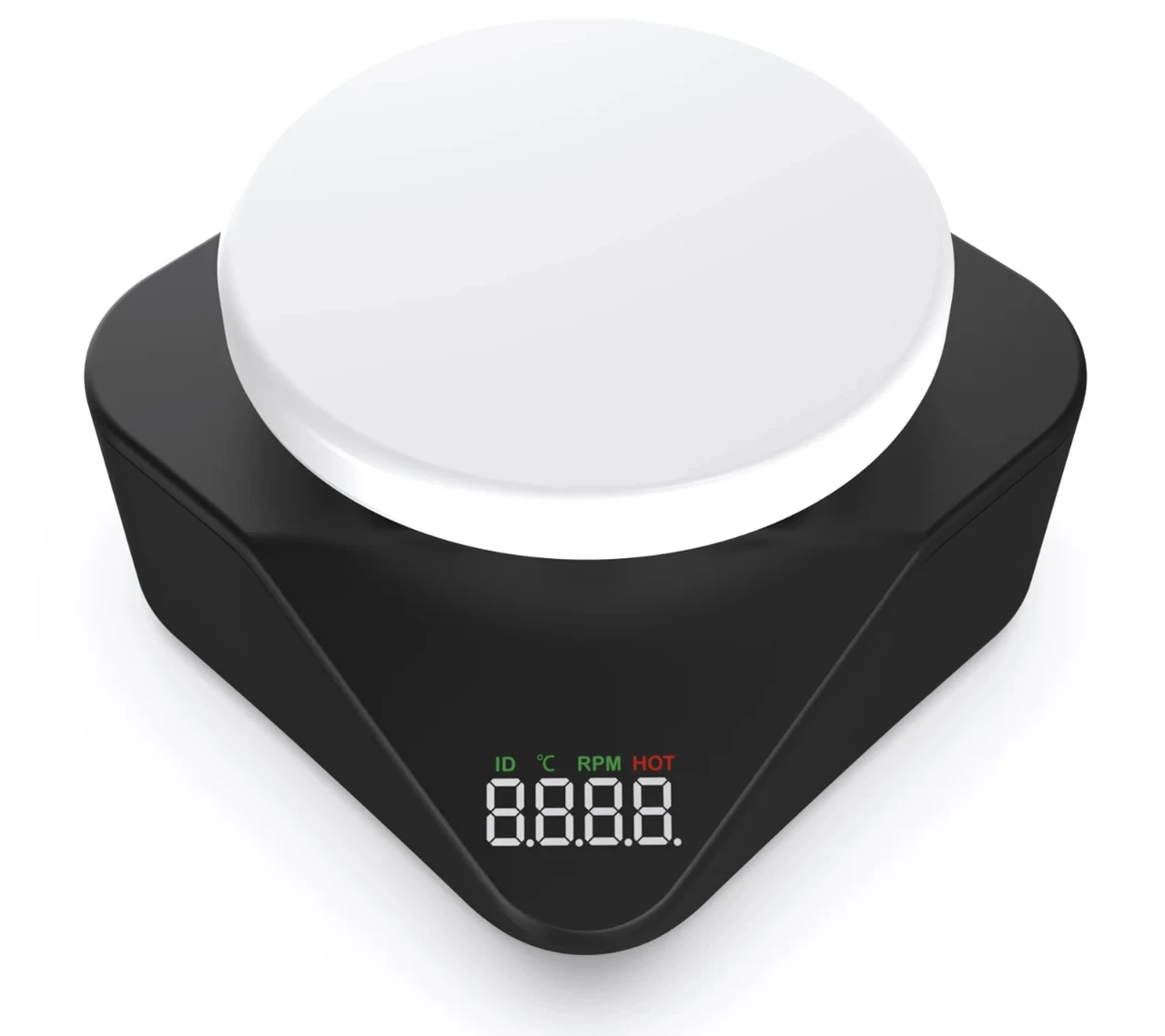 A black and white magnetic hotplate stirrer pod from a top-down angle, featuring a digital display on the front.