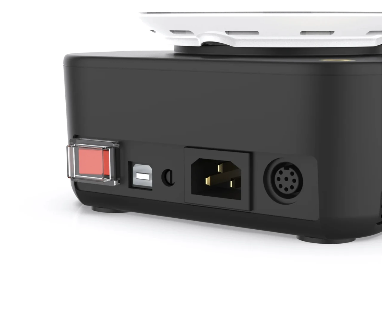 Rear panel view of the 4E's Scientific Magnetic Hotplate Stirrer Pod showing the power switch, USB port, power connector, and