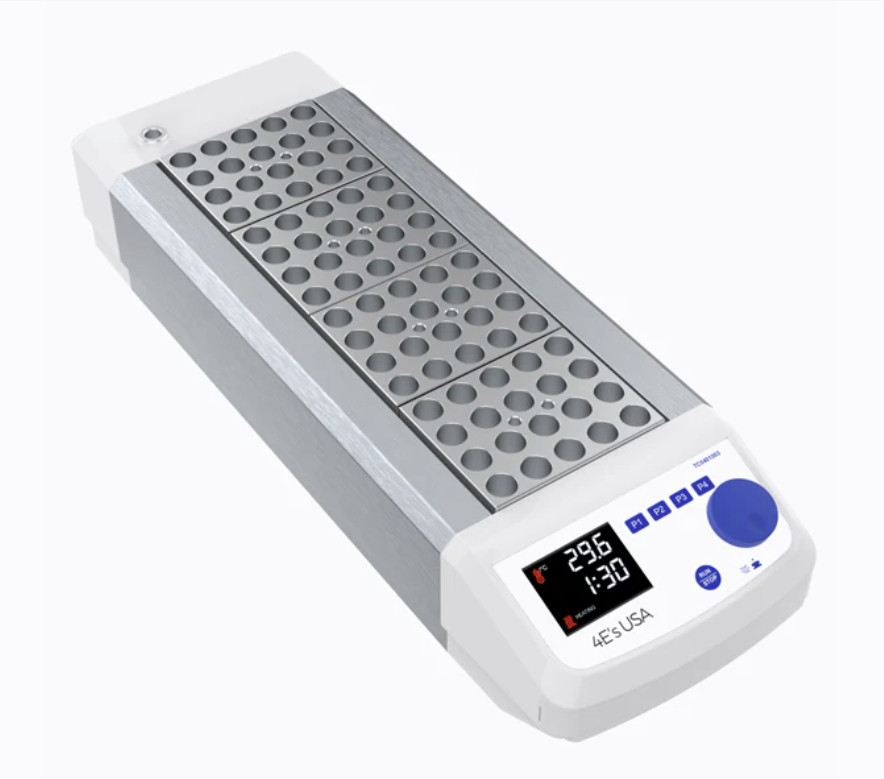 4E's 4-block dry bath incubator with white and silver body, digital display, and blue control knob.
