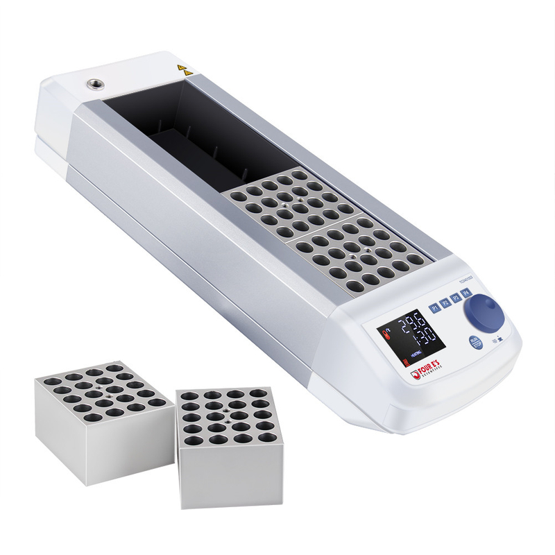 Silver and white 4E's Scientific 4-block dry bath incubator with digital display and two removable aluminum blocks.