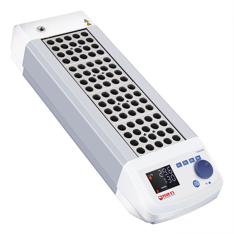 4E's Scientific 4-block dry bath incubator in white and grey with digital display and control dial.
