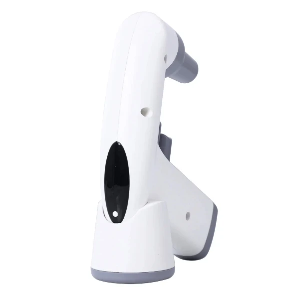 A white and gray electronic pipette controller sitting upright in its matching charging stand.