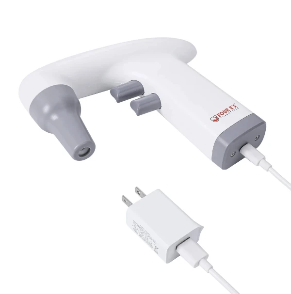 White and gray electronic pipette controller with two buttons, angled nosecone, and USB charging cable connected to a wall