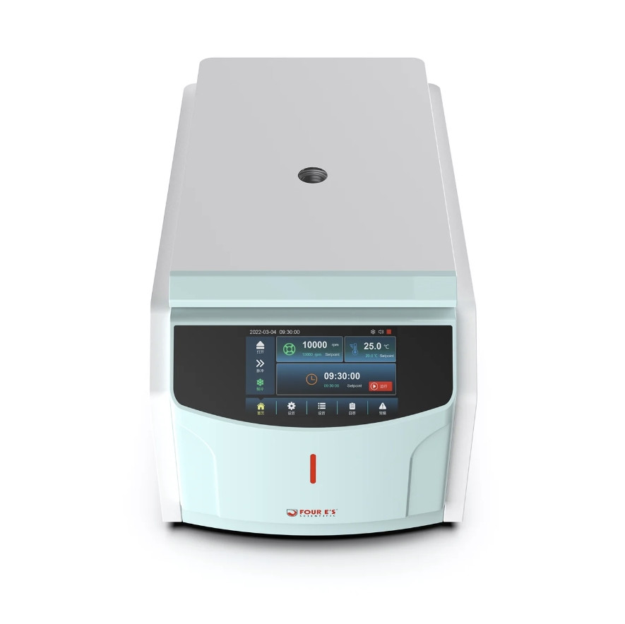 A 4E's high-speed refrigerated centrifuge shown from a top-front angle, featuring a white-and-teal body and a central