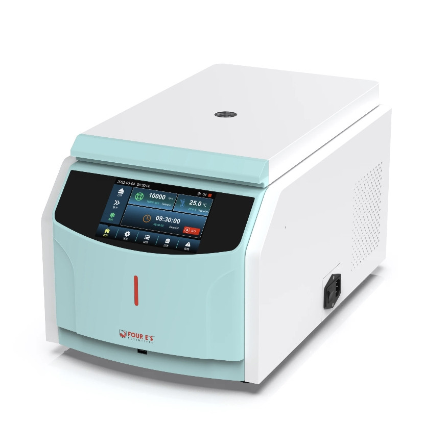 White and light-blue digital high-speed refrigerated centrifuge angled toward the left.