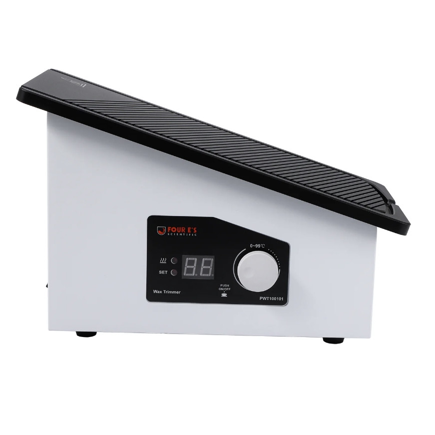 White 4E's paraffin wax trimmer with a slanted, black grooved heating surface and digital control panel.