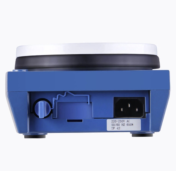 Rear view of blue magnetic stirrer showing power socket, control knob, and technical label.