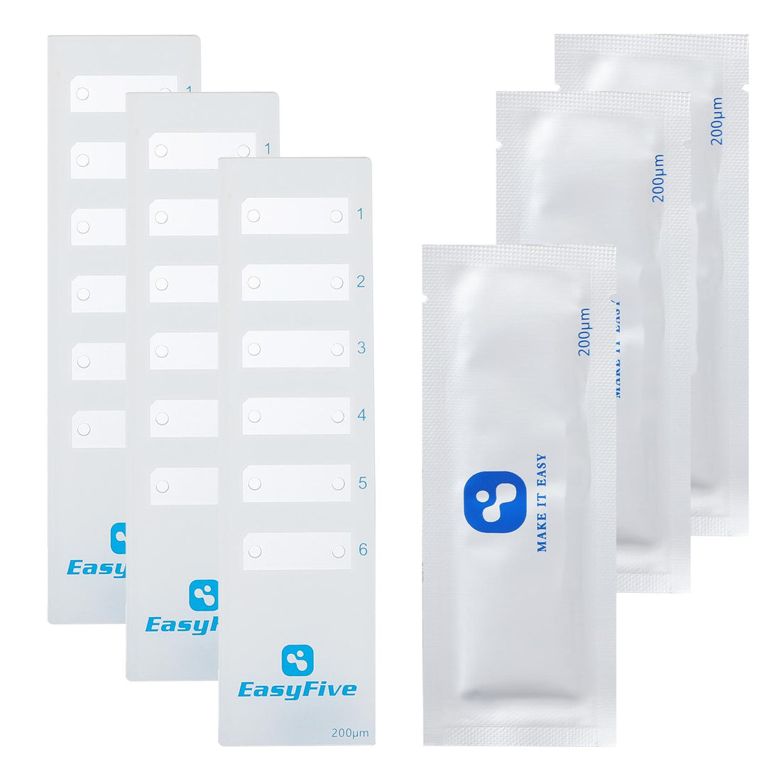 Three transparent 6-slot counting slides with white labels and three sealed foil pouches labeled 200μm.