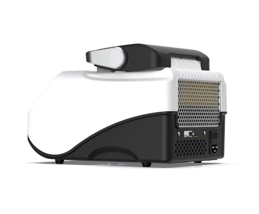 Rear view of white and black 4E's Optima96 gradient PCR system showing vents, power switch, and ports.