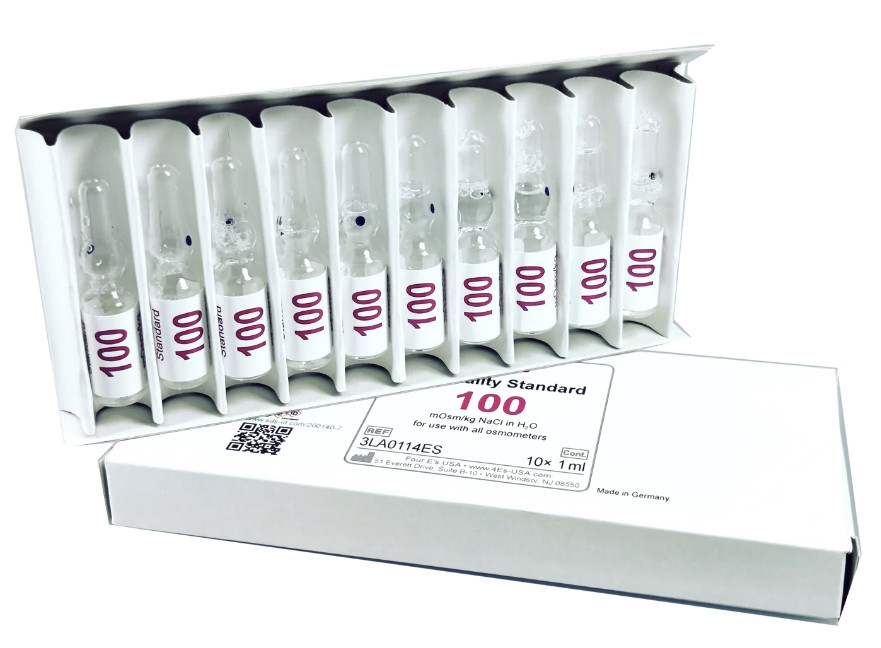 Box of ten 1ml glass ampoules of 100 mOsm/kg osmometer calibration standard.