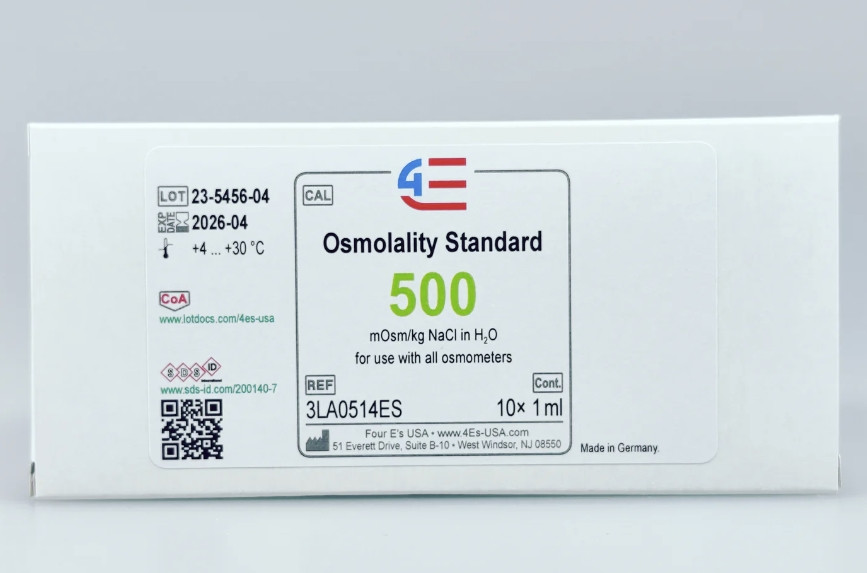 A white box of 4E's 500 mOsm/kg osmolality standard featuring a product label with lot and expiration details.