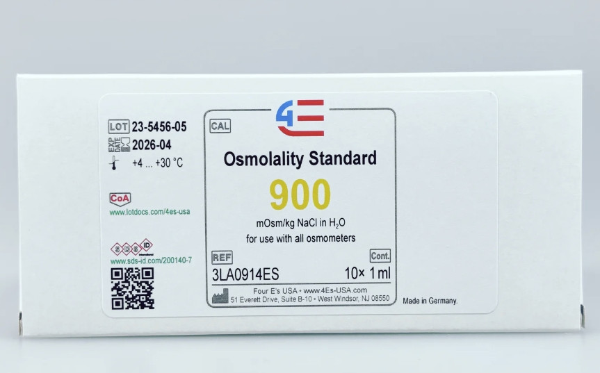A white box of 4E's 900 mOsm/kg osmolality standard featuring a label with lot and expiration info.