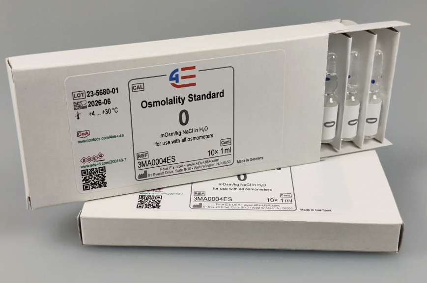 Two white boxes of 4E's 0 mOsm/kg osmolality calibration standards with glass ampoules.