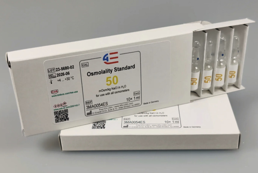 A box of 4E's 50 mOsm/kg osmolality standard ampoules angled on a grey surface.