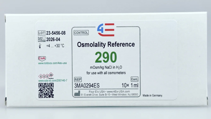 White box of 4E's Osmolality Reference 290 mOsm/kg NaCl in H2O with control and product details on front label.