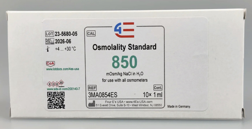 Front view of a white box of 4E's 850 mOsm/kg osmolality calibration standard.
