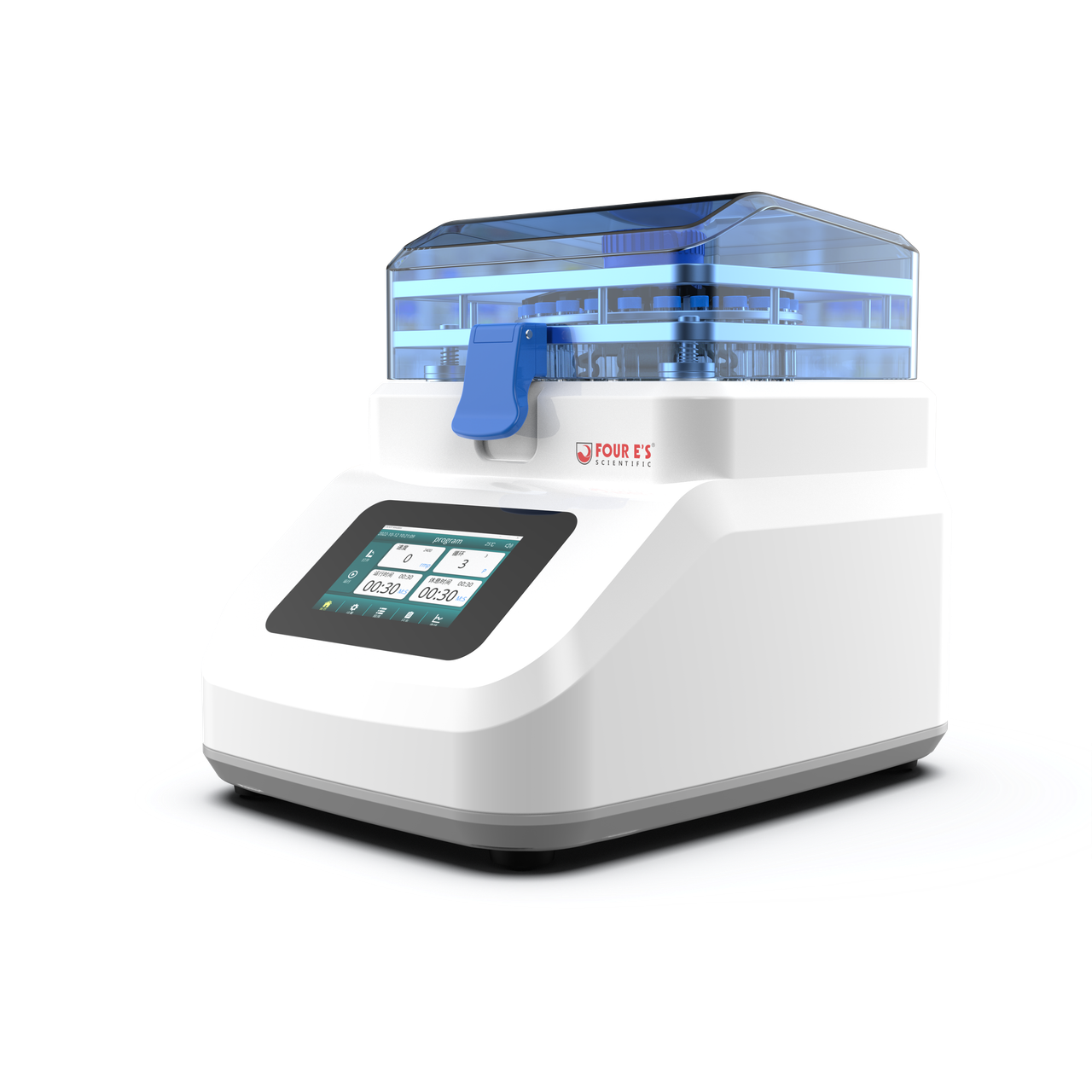 White 4E's Scientific bead mill homogenizer with blue accents and transparent lid, angled view against black.
