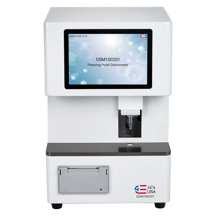 Front view of a white 4E's freezing point osmometer with a 7-inch touch screen.