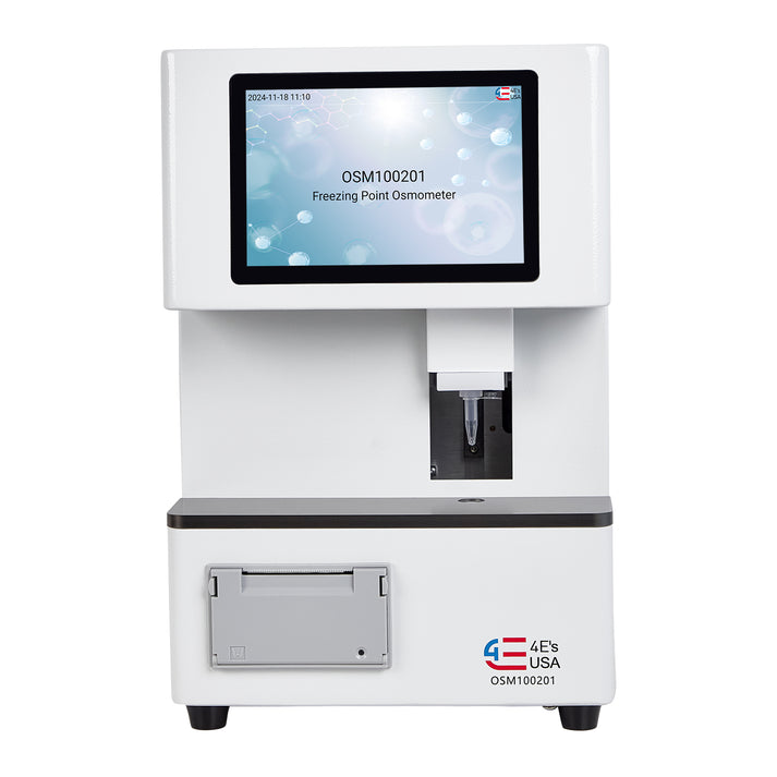Front view of the white 4E's Freezing Point Osmometer featuring a 7-inch color touch screen and built-in printer.