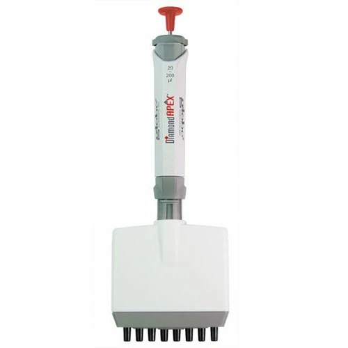 Front view of a white and grey 8-channel adjustable volume pipette with a red plunger.