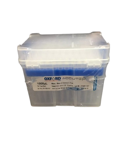 Plastic box of 1000uL Oxford pipette tips, wrapped in clear film, seen from a front angle.