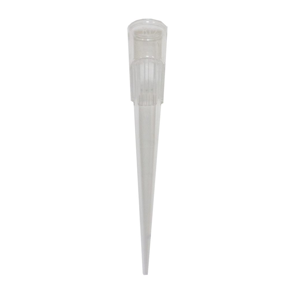 A clear, sterile, low-retention pipette tip with a filter inside, shown vertically on a black background.