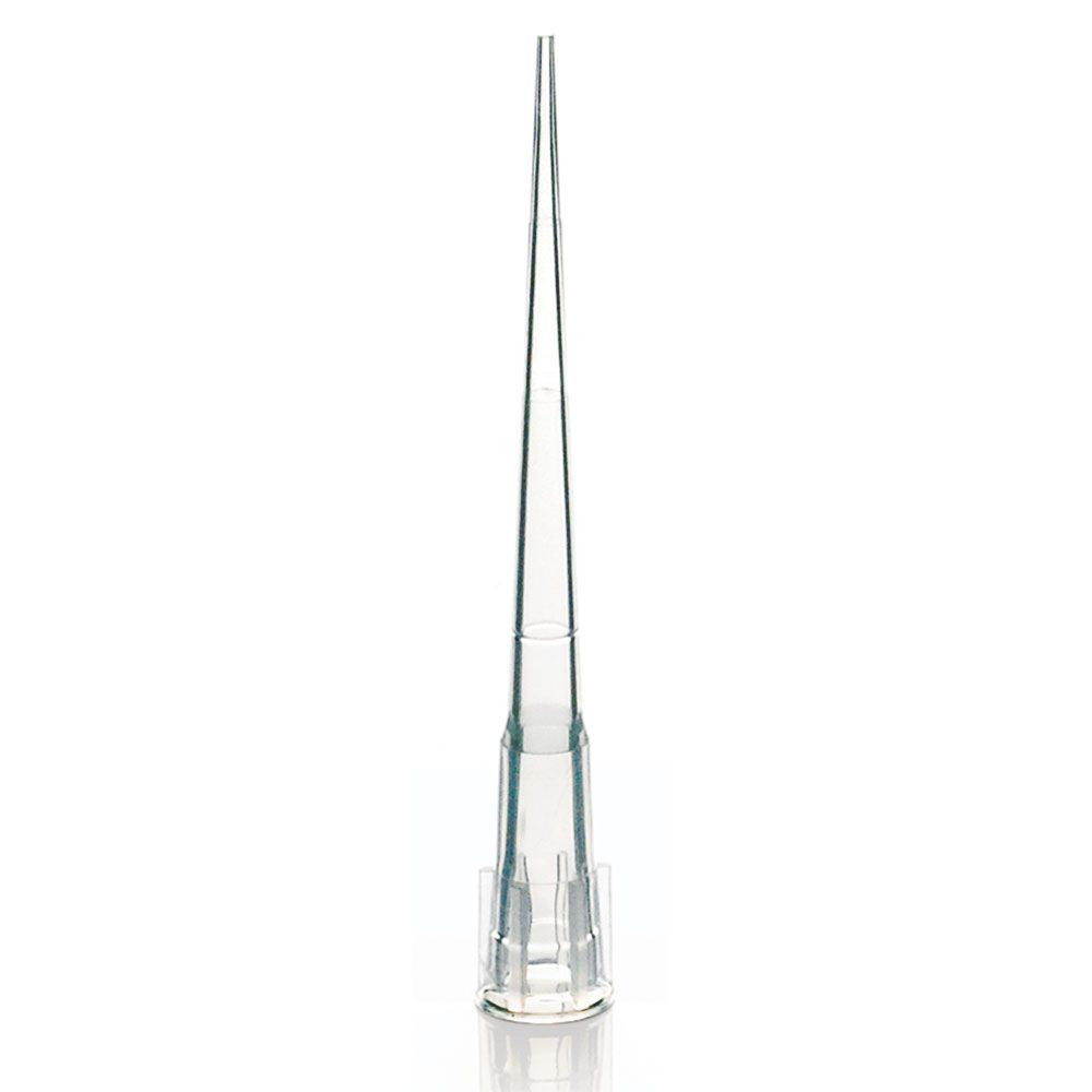 A clear, sterile 200uL pipette tip made of molded plastic, shown vertically upright on a white background.