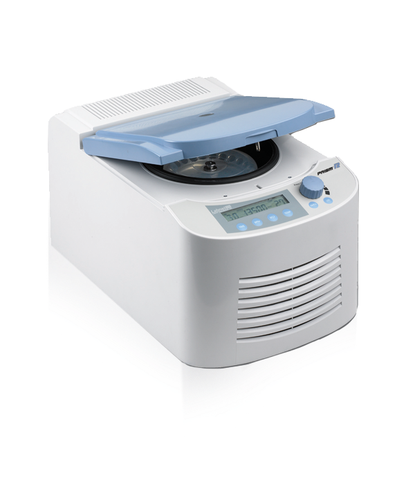 Labnet Prism R refrigerated microcentrifuge in white and light blue, shown angled with its lid open.