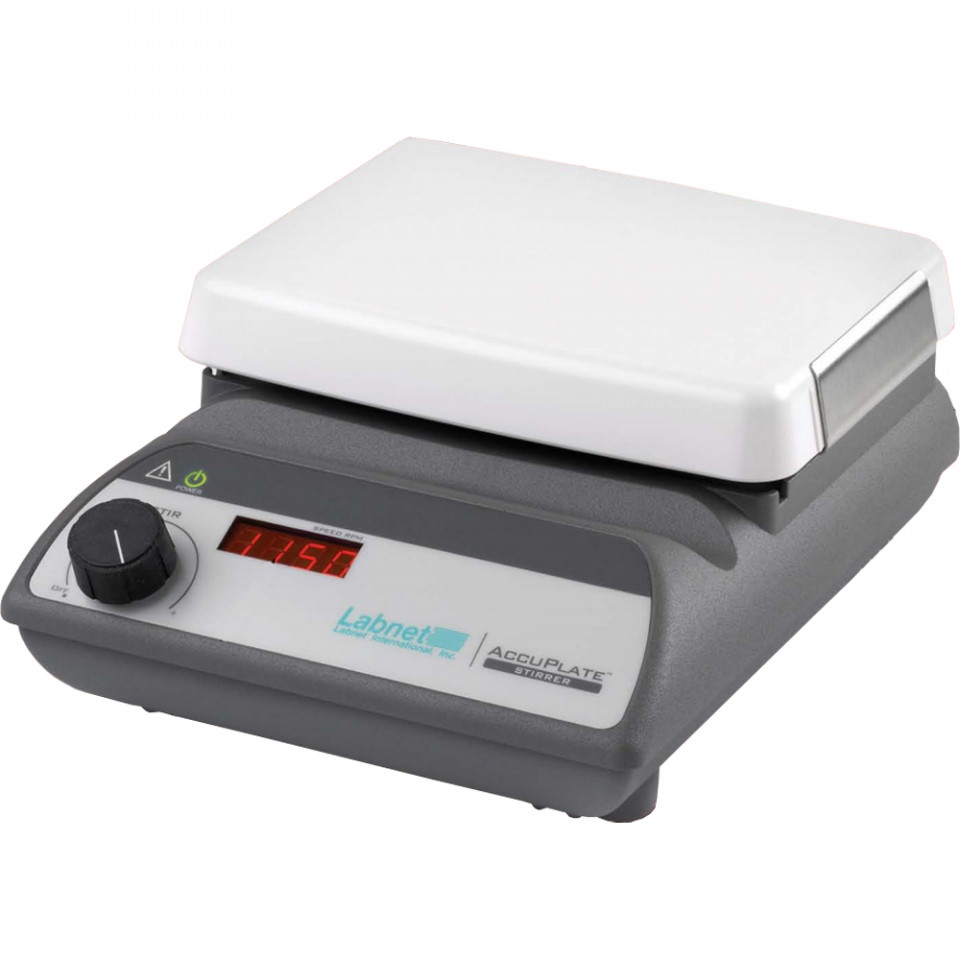 Labnet AccuPlate digital magnetic stirrer with a white ceramic top and gray angled control panel showing red LED digits.