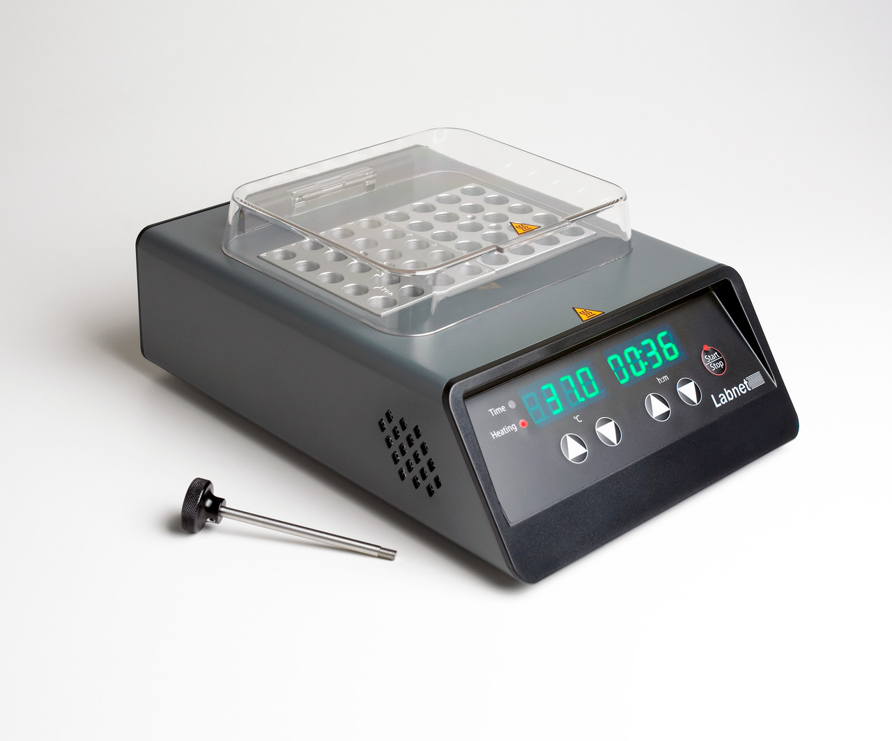 Gray Labnet digital dry bath incubator with single aluminum block, clear lid, digital control panel, and probe on white