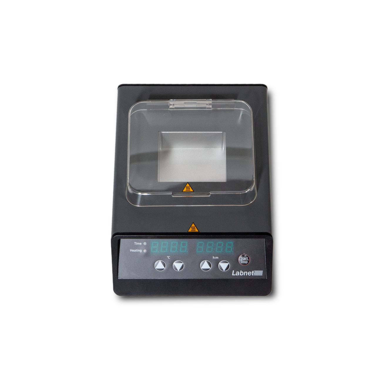 Labnet digital single-block dry bath in dark gray with a clear lid and digital control panel.