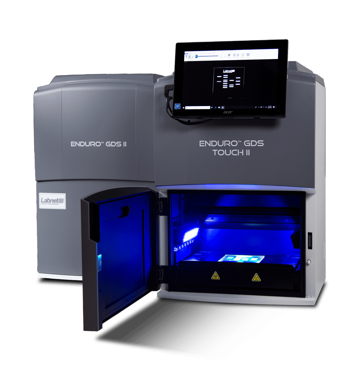 Labnet Enduro GDS Touch II gel documentation system with open door and blue illumination.
