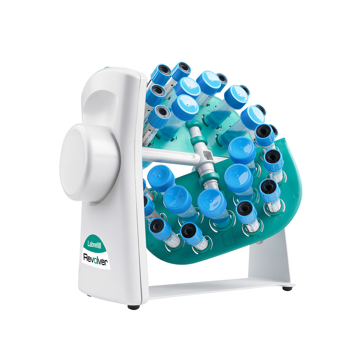 Labnet Revolver rotator with turquoise rotisserie holding multiple blue-capped tubes.