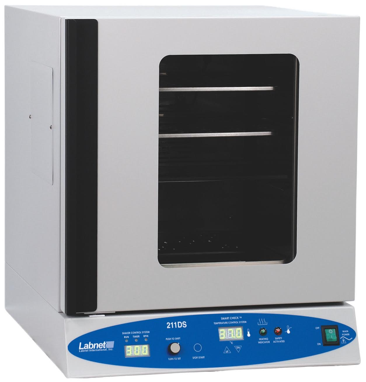 Labnet 211DS shaking incubator with digital display, glass door, and internal shelves on a white base.