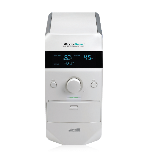 Front view of the white Labnet AccuSeal plate sealer with digital display and control knob.