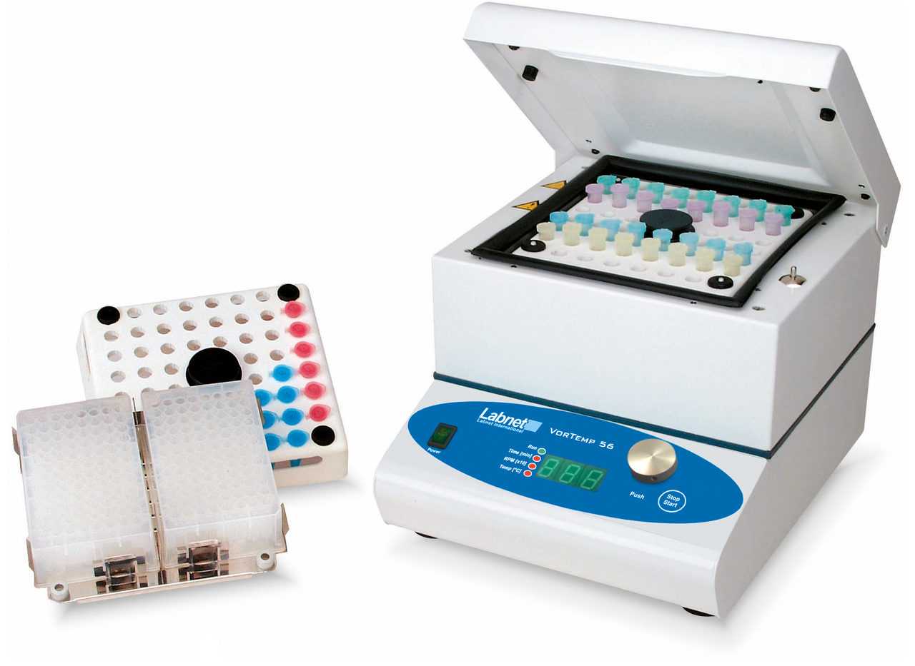 Labnet VorTemp 56 shaking incubator with open lid, test tubes loaded, and microplate platform beside it.