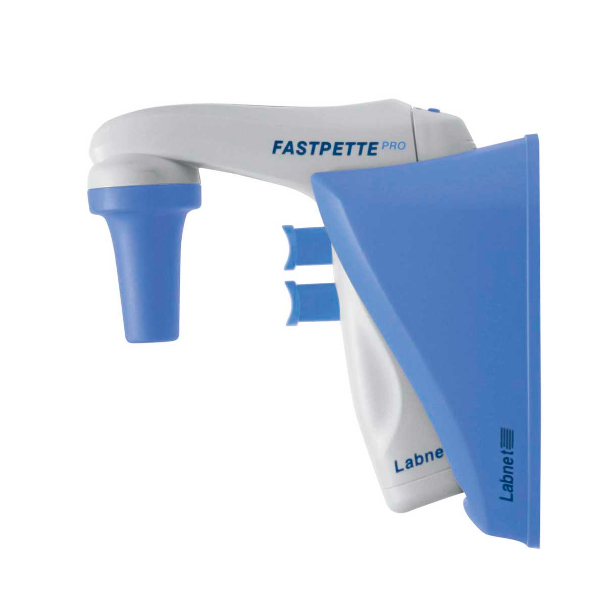 Labnet Fastpette Pro pipette controller resting in a blue charging stand against a white background.