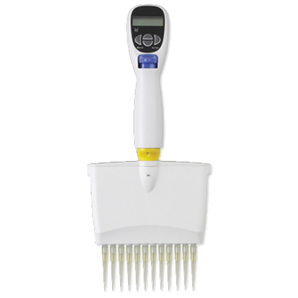 Labnet white electronic 12-channel pipettor with digital LCD screen, control buttons, and attached pipette tips.