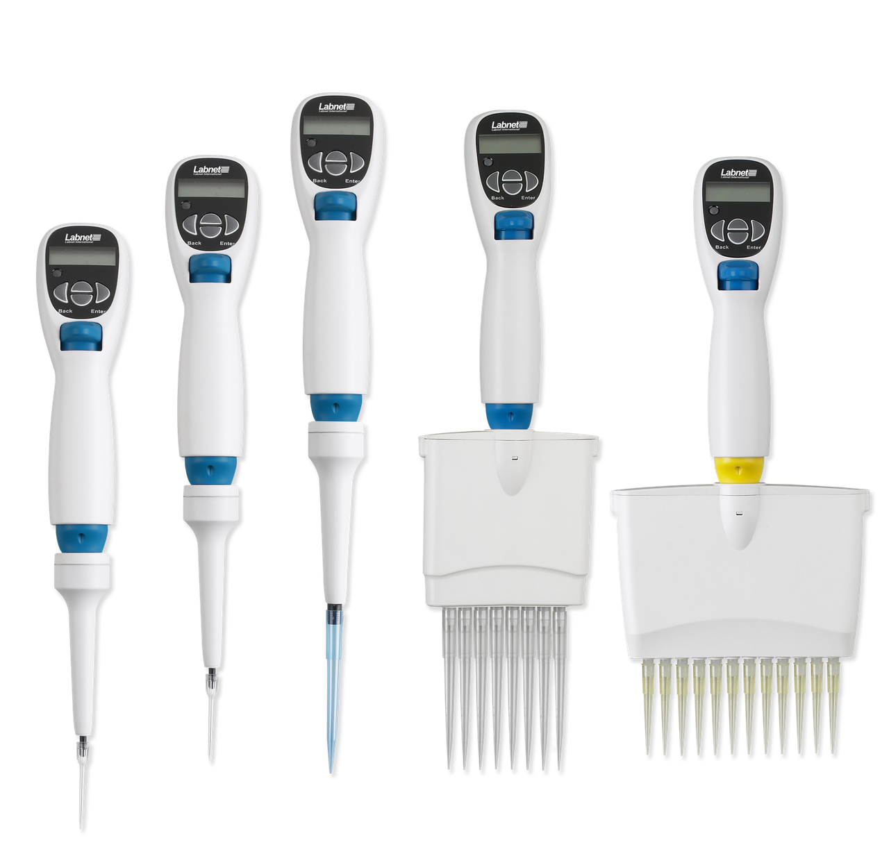 Five Labnet Excel electronic pipettors in single- and multi-channel configurations against a black background.
