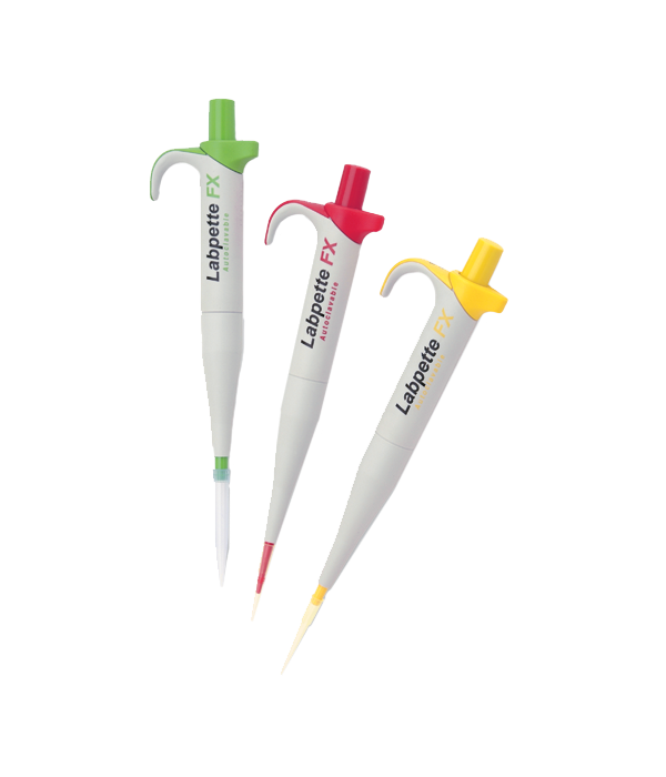 Three Labnet Labpette FX fixed volume pipettors in green, red, and yellow, angled against a black background.