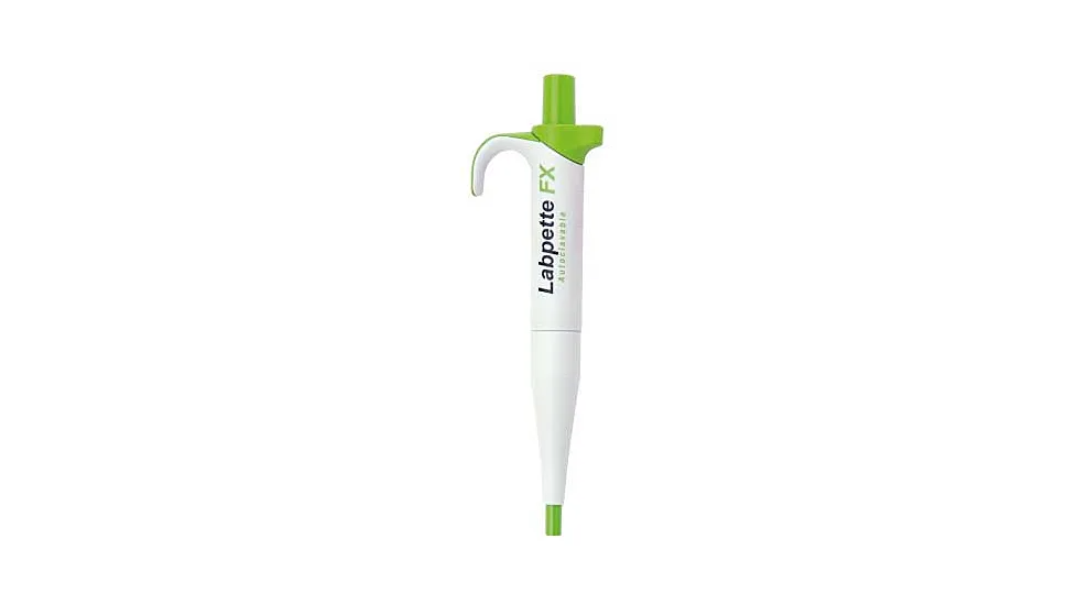 White and green Labnet Labpette FX 400uL fixed volume pipettor with ergonomic handle, viewed vertically.
