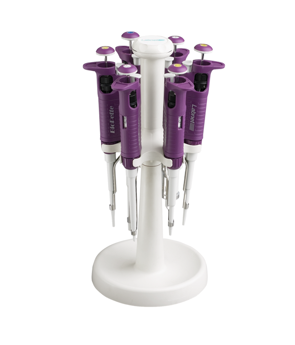 A white carousel stand holding multiple purple and white Labnet BioPette single-channel pipettors.